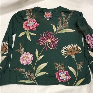 Johnny Was Dark Green Floral Embroidered Long Sleeve Top